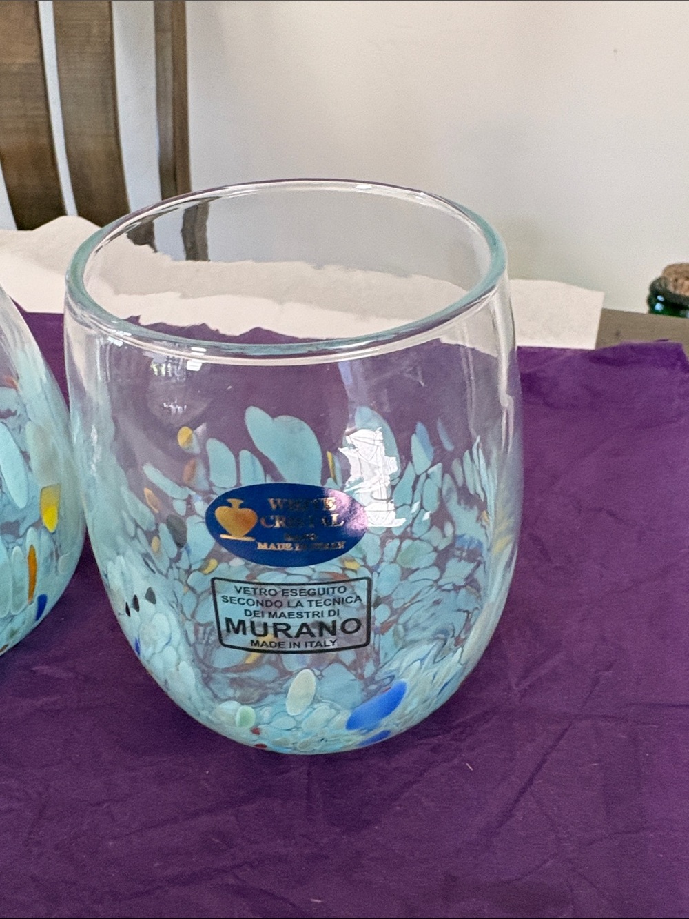Murano White Crystal Blue Light Confetti Stemless Wine Tumblers Hand Made Italy - Picture 3 of 6